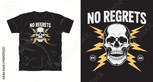 No regrets skull with lightning bolts and location graphic design for t-shirt print vector illustration