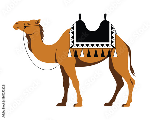 Majestic camel adorned with traditional saddle, ready for desert travel