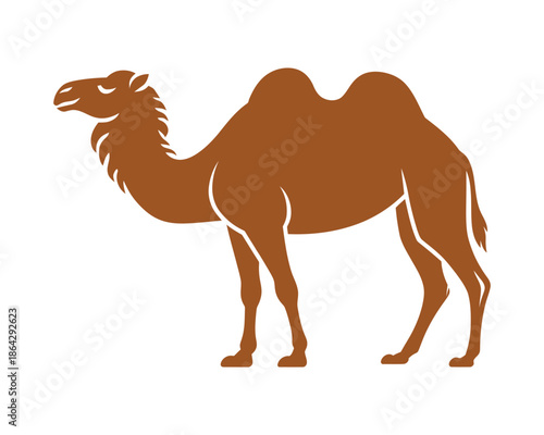 Stylized silhouette of a brown camel standing against a white background