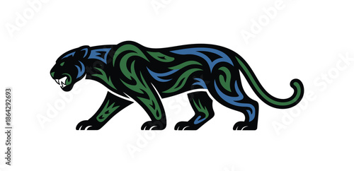 Stylized black panther with tribal green and blue markings walking powerfully