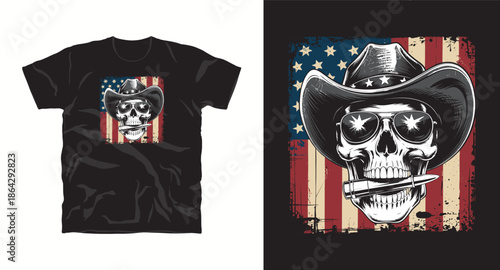 Cowboy skull wearing hat and sunglasses holding a bullet with american flag background grunge illustration