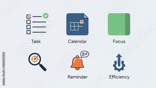 Productivity icons set for task management and organization.