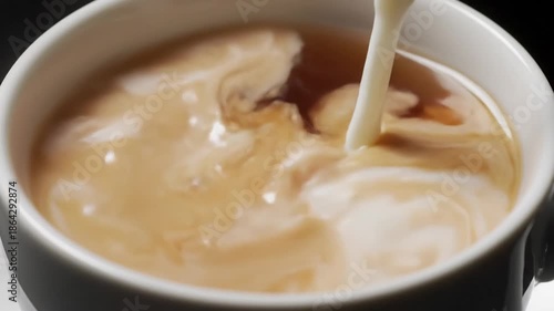 Close Up of Cream Swirling into Dark Hot Tea in a White Ceramic Mug With Soft Lighting and a Dark Background Creating Beautiful Abstract Patterns