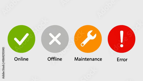 Four status icons indicating online, offline, maintenance, and error.