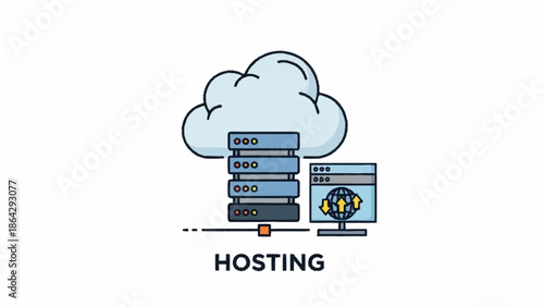 Cloud hosting illustration with servers and computer monitor.