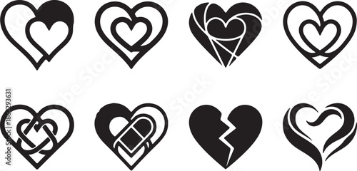 A collection of diverse black and white heart designs symbolizing love, emotion, and connection