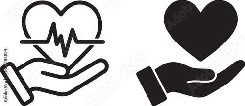 A human hand cradles a heart with an ECG line and another hand holds a solid heart silhouette