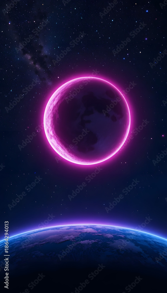 Naklejka premium Vibrant Space Scene with a Blue Planet and a Glowing Purple Moon Orbiting in a Starry Galaxy