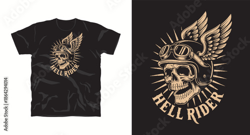 Vintage biker skull wearing helmet and goggles with wings sepia tone