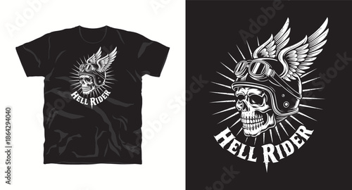 Biker skull wearing helmet with wings and goggles hell rider graphic