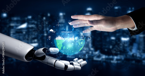 The concept of using AI for sustainability and green energy management. An AI vision for a smart city with renewable resources and a clean ecosystem. Motif © InfiniteFlow