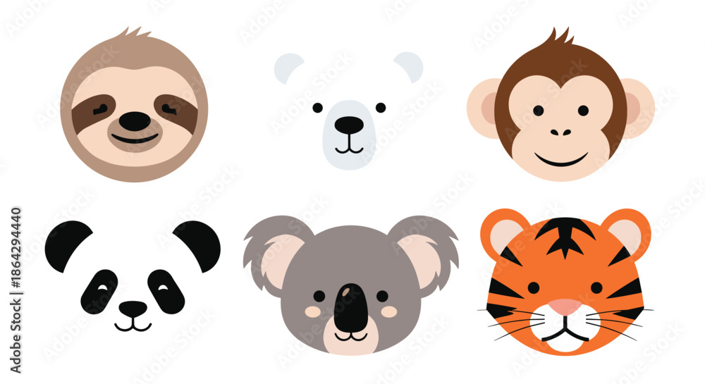 Obraz premium Set of six cute cartoon animal faces including a sloth polar bear monkey panda koala and tiger for kids design.