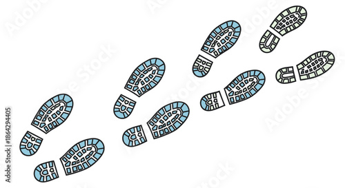 Trail of blue shoe prints walking across the frame in a diagonal path to symbolize movement or a journey forward.