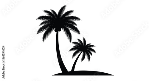 Silhouette of two tropical palm trees growing on a small island mound against a plain white background for travel.