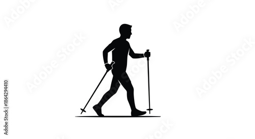 Silhouette of a man practicing Nordic walking with poles on a white background representing active fitness and health.