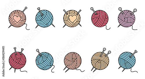 Set of ten colorful yarn balls with knitting needles in various shades of pink blue and yellow for craft projects.