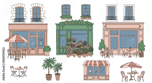 Beautiful hand drawn illustration of European shop facades with outdoor cafes flower shops and potted plants set.