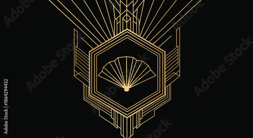 Luxurious art deco graphic design featuring a golden fan motif within a geometric frame on a dark black background.