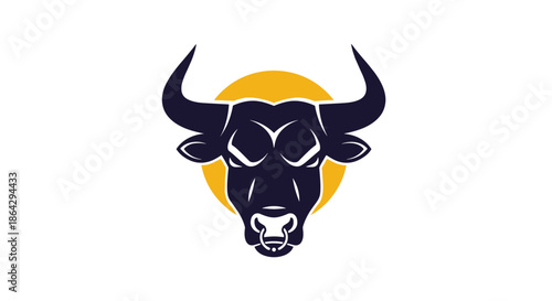 Powerful bull head logo design with a large yellow sun in the background representing strength and masculinity.