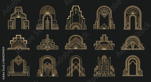 Set of intricate golden art deco arches and frames on a black background perfect for luxury invitations or posters.