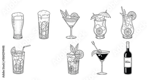 Set of hand drawn cocktail and beverage glass sketches including beer wine and exotic mixed drinks with garnishes.