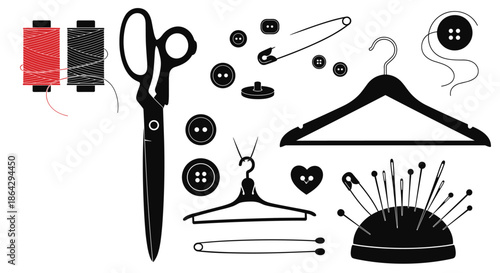 Comprehensive collection of sewing and tailoring icons including scissors thread buttons pins and clothes hangers.