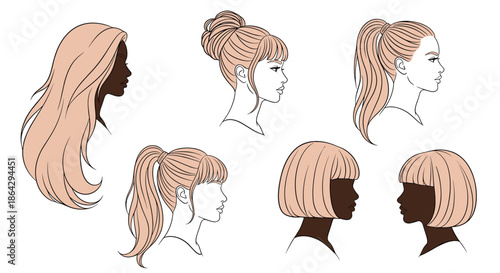Set of female profile silhouettes with various hairstyles including ponytails buns and bobs with hair color accents.