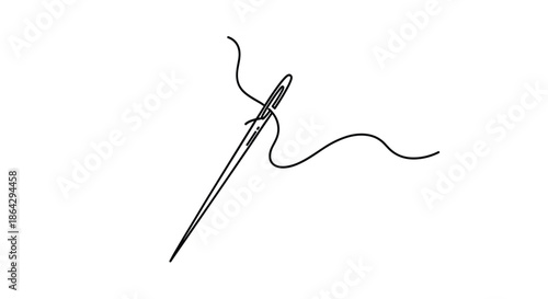 Minimalist line drawing of a sewing needle with a long piece of thread passing through its eye for craft design.