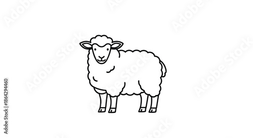 Simple black and white line drawing of a fluffy sheep standing in a side view for farm or animal themed designs.
