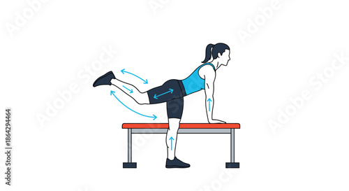 Exercise diagram showing a woman performing a donkey kick leg lift on a gym bench with movement arrows for guidance.