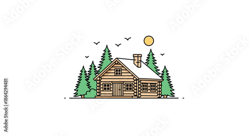 Cozy log cabin illustration nestled in a pine forest under a bright sun representing peaceful mountain retreat life.