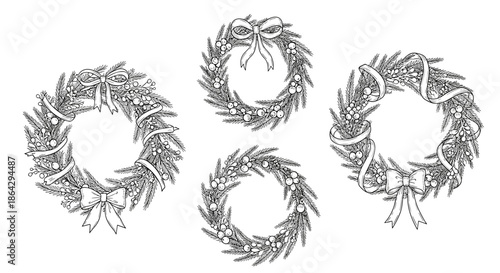 Four beautifully hand drawn Christmas wreaths decorated with ribbons berries and evergreen branches for holiday cards.