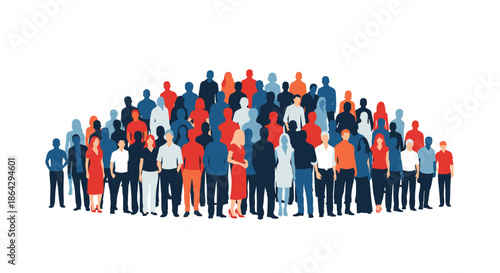 Detailed illustration of a large and diverse crowd of people silhouettes in various colors for social and community themes.