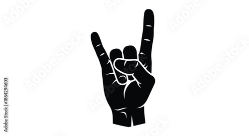 Bold black silhouette of a hand making the rock on or sign of the horns gesture for music, concert, and energy themes.