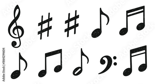 Hand-drawn musical symbols and notes collection featuring treble clef, sharp signs, and quavers for education, hobbyists, and melody themes.