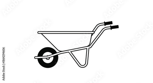 Simple wheelbarrow line art illustration for gardening tools catalogs, construction equipment icons, and manual labor concept designs.