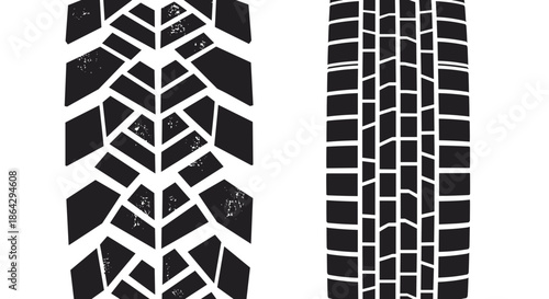 High-contrast tire tread patterns showing rugged off-road and standard road surface designs for automotive industry and safety graphics.