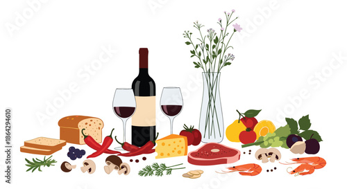 Rich food and wine still life featuring a bottle, glasses, bread, cheese, meat, seafood, and fresh produce for gourmet dining concepts.