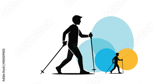 Nordic walking silhouettes of a man and a child with trekking poles against colorful circular backgrounds representing family outdoor fitness.