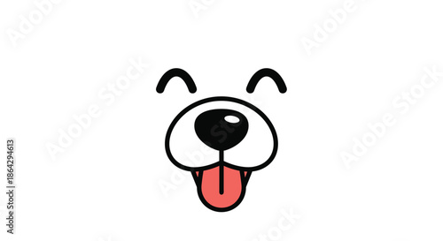Friendly and happy dog face cartoon illustration with closed eyes and tongue out representing pet joy, friendship, and animal love.