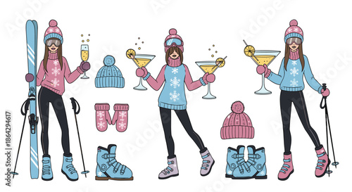 Cheerful skiing girls illustration with winter apparel and accessories like hats, mittens, and ski boots for seasonal sports and tourism.