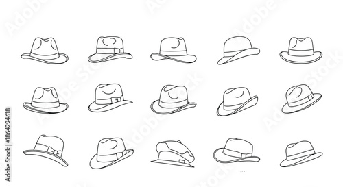 Collection of fifteen different men's hat styles illustrated in a minimalist black line drawing on a white background.