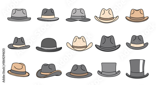 Diverse collection of mens and womens hats including fedora, cowboy, and top hats in classic colors for fashion and costume accessories.