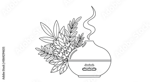 Aromatherapy essential oil diffuser line art illustration with berries and leaves symbolizing wellness, relaxation, and home fragrance.