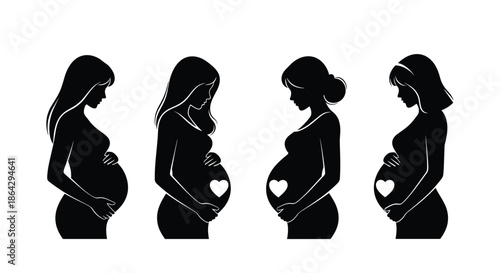 Silhouettes of pregnant women in various stages and poses including heart symbols on bellies for maternity, prenatal care, and motherhood.