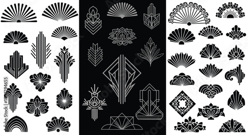 Extensive collection of art deco style fan and floral ornaments in black and white for vintage border designs and decorative graphic accents.