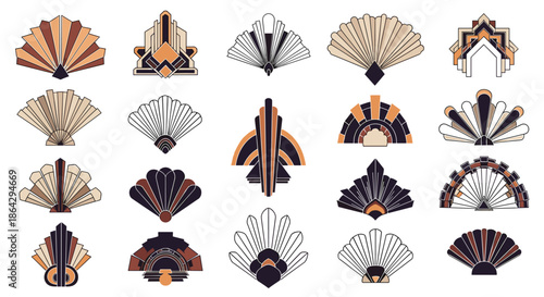 Set of ornate art deco fan designs in warm earth tones for vintage wedding invitations, luxury branding, and decorative interior art.