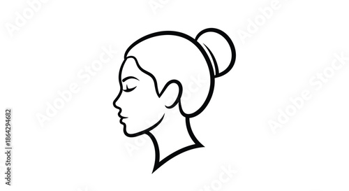 Minimalist line art of a woman head with an elegant bun hairstyle suitable for hair salon logos, beauty branding, and fashion illustrations.
