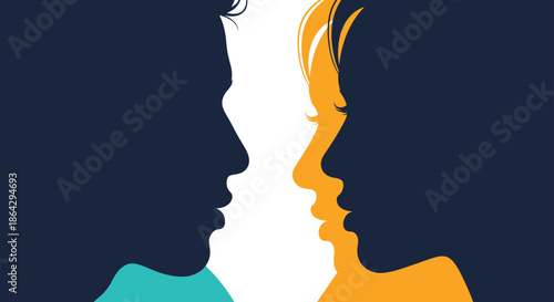 High-contrast silhouettes of a man and a woman facing each other representing love, relationship, and interpersonal connection concepts.