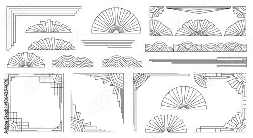 Extensive set of art deco geometric borders, corners, and ornaments in black and white for classic frame designs and vintage typography.